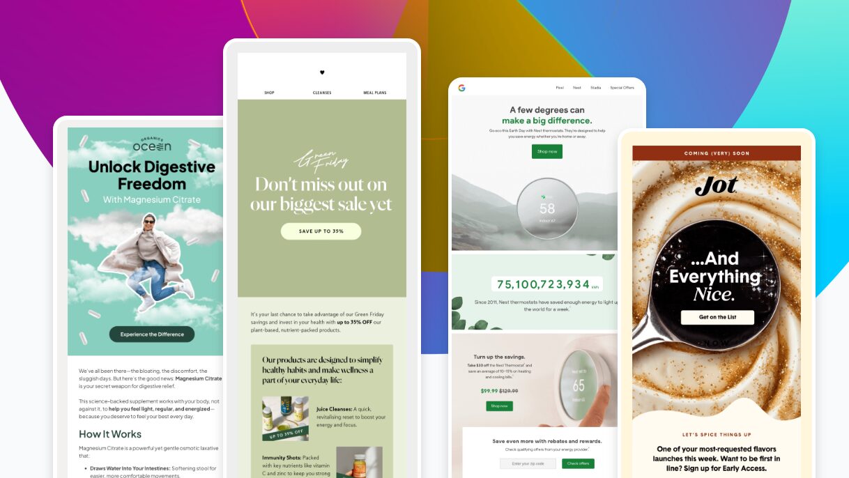 Graphic showing examples of email design trend = softness.