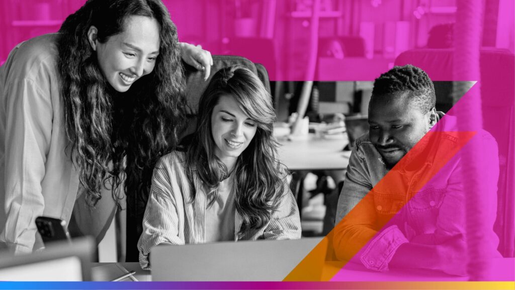 Three people looking at a laptop - used as featured image for the GEO best practices article