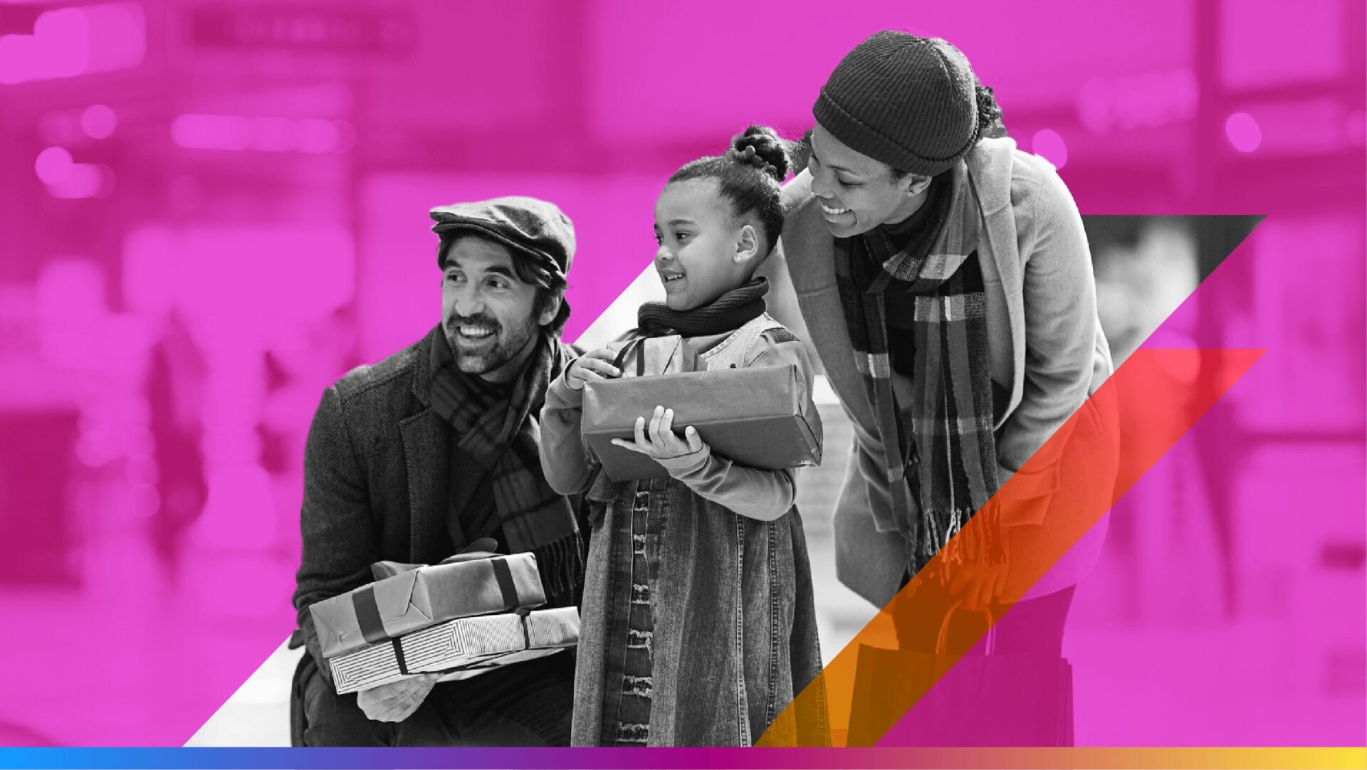 image of two parents and a child with wrapped holiday presents - featured image to the holiday retail strategy article