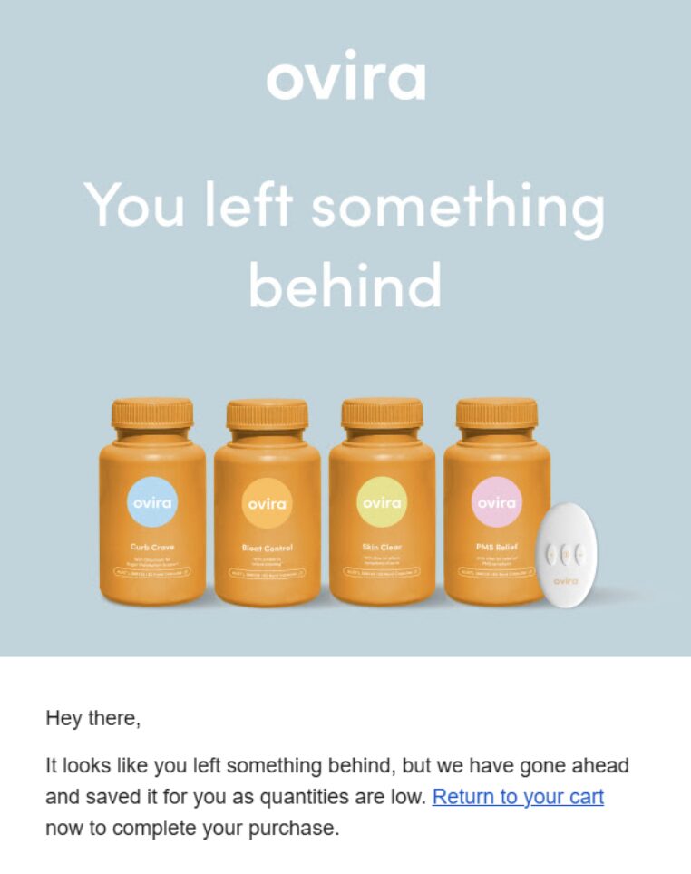 Screenshot of Ovira email for cart abandonment