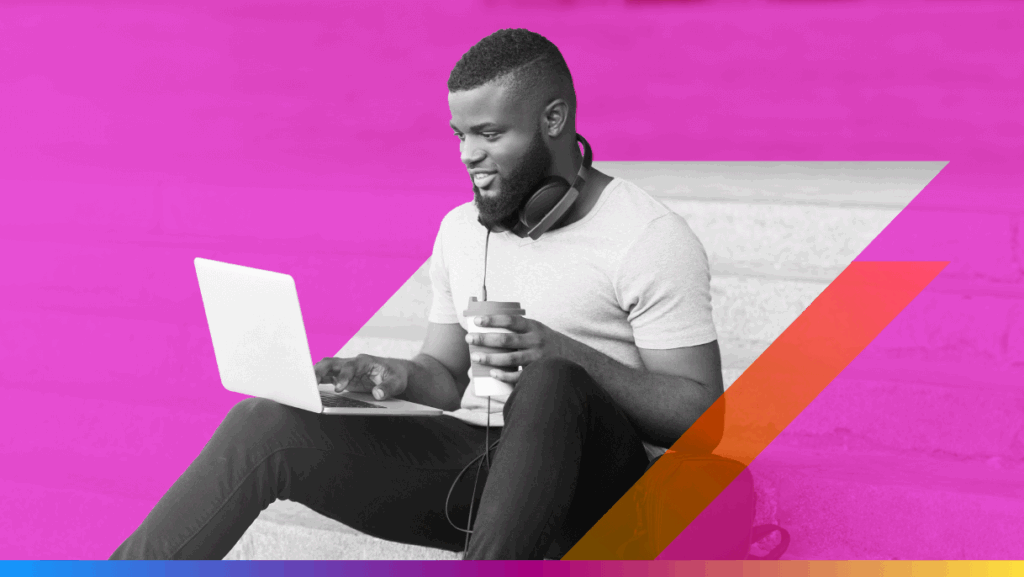 person sitting on stairs with a laptop and to-go coffee - featured image for AI for Marketing guide